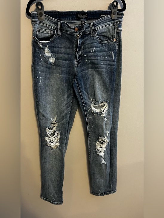 Judy Blue Denim - Judy Blue Distressed Boyfriend Fit Dark Skinny Jeans Paint-Splatter |Women 11/30
